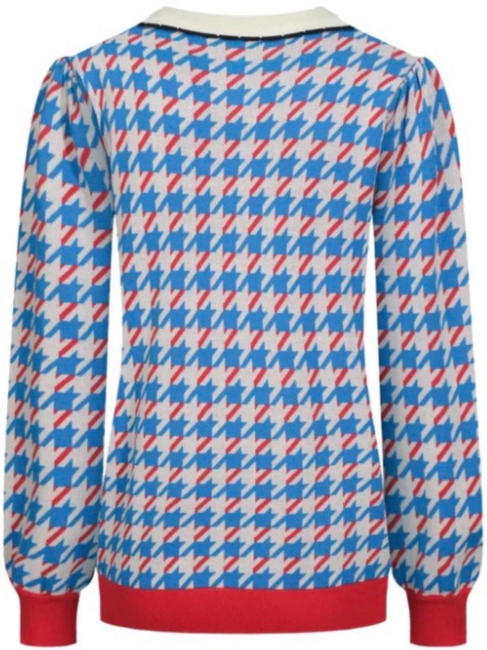 OXknit bird pliers vintage Blue & Red Houndstooth Sweater NWT puff sleeves - Picture 3 of 5